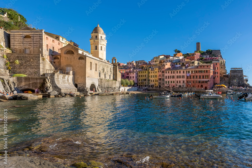 Wonderful bottom view of the famous Cinque Terre seaside village of Vernazza, Liguria, Italy, on a sunny summer day
