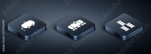 Set Isometric Oil industrial factory building, Barrel oil and Oil railway cistern icon. Vector.