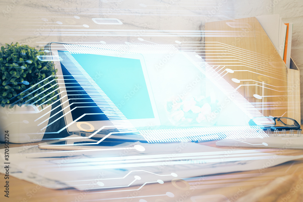 Multi exposure of desktop with personal computer and tech theme drawing. Concept of Bigdata. Multi exposure of desktop with personal computer and tech theme drawing. Concept of Bigdata.