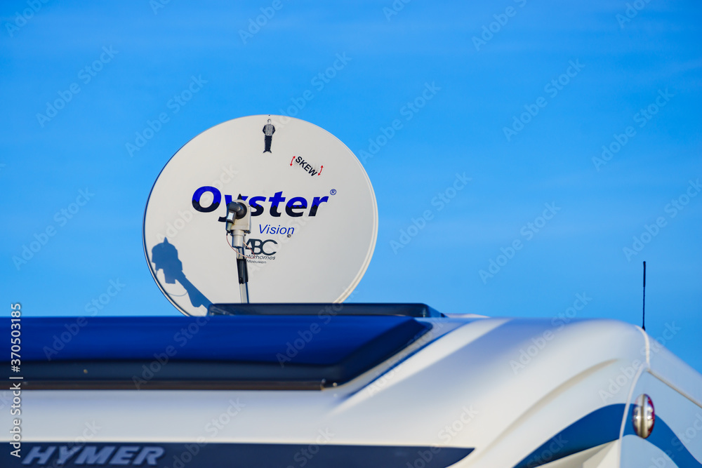 Hymer camper with Oyster satellite dish, 28 November 2019, Gandia Spain