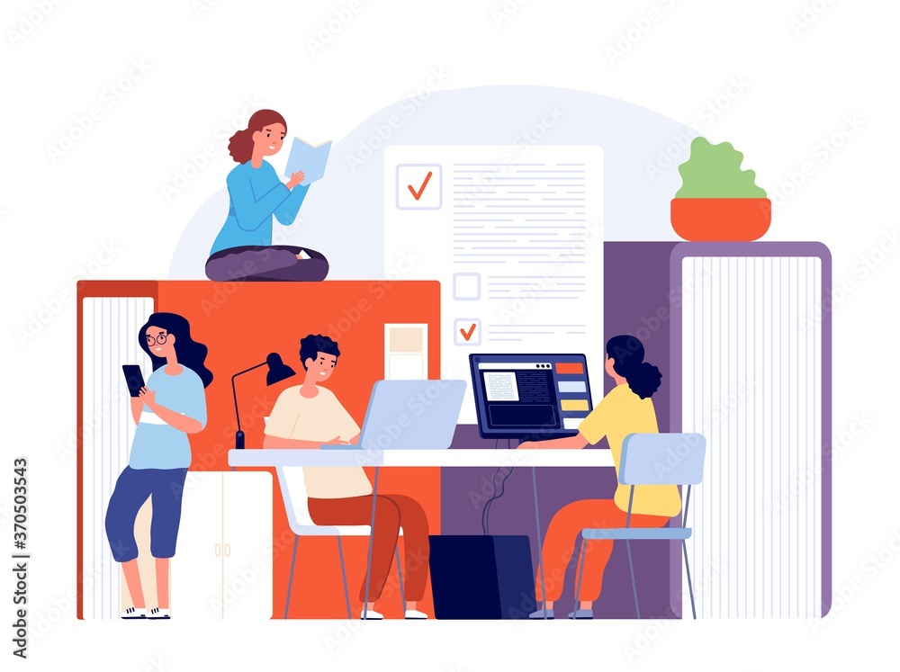 Exam preparing. Technology examination preparation, better study together. Students with books laptop, knowledge training vector concept. Illustration examination, education exam with book Exam preparing. Technology examination preparation, better study together. Students with books laptop, knowledge training vector concept. Illustration examination, education exam with book