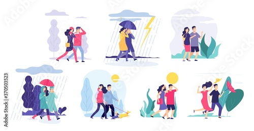 Couple walking weather. Girl boy walk, seasonal rain thunderstorm cloudy sun. People outdoors spring winter summer vector concept. Walking weather, cartoon people couple with umbrella illustration