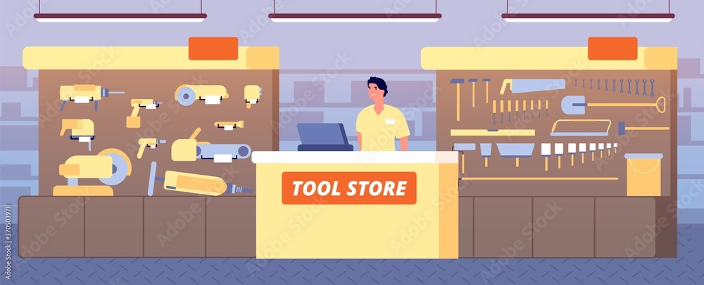 Toolstore interior. Tools shop, construction hardware on shelf. Salesman at counter showing instruments for builders vector illustration. Repair store, shop interior with instrument