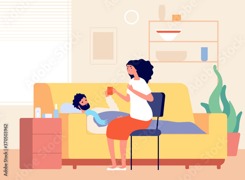 Cold disease. Man illness home, sick person on sofa with cough and fever. Girl and flu boy, woman treats boyfriend vector illustration. Flu cold, sick man unwell, influenza and fever