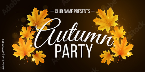 Autumn banner of yellow maple leaves with lettering. Fall festive template for your design. Abstract golden lights bokeh. Seasonal cover. Vector illustration.