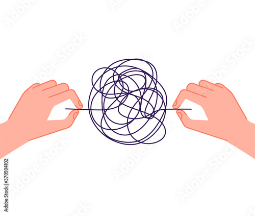 Psychotherapy help. Mind chaos metaphor, hand unravel tangled wires. Psychology problems treatment, mental depressive disorder vector concept. Illustration metaphor solution and solving chaos