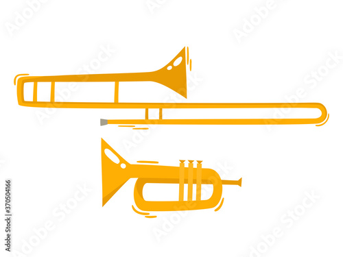 Wind golden musical instruments vector set in cartoon style.
