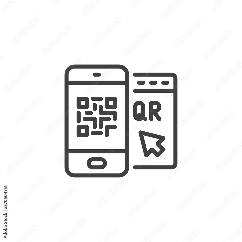 Smartphone QR code line icon. linear style sign for mobile concept and web design. Barcode scanner phone outline vector icon. Symbol, logo illustration. Vector graphics
