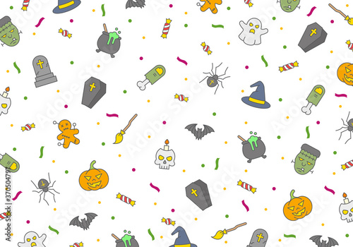 Halloween seamless vector pattern, horror elements, halloween poster with ghosts, bats, pumpkin, skulls and zombies on white background.