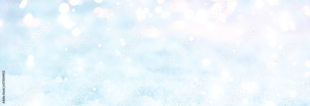 Christmas winter background banners with bokeh lights in snow - abstract magical panorama
