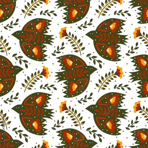 Vector seamless pattern of birds and flowers in folk art. For sublimation design, printing, poster design, postcard making, stationery, fabric printing, blog design, logos, packaging.