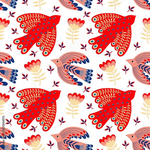 Vector seamless pattern of birds and flowers in folk art. For sublimation design, printing, poster design, postcard making, stationery, fabric printing, blog design, logos, packaging.