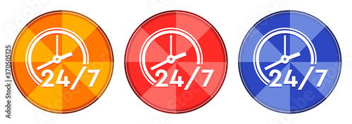 24/7 clock icon burst light round button set illustration