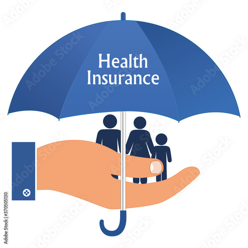 Health insurance illustration vector. A family standing in a palm and under an umbrella. 