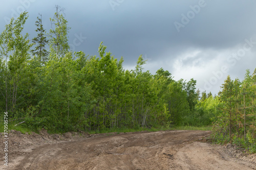 Russia. Arkhangelsk region. Nenoksa. Forest dirt muddy road on a cloud sky