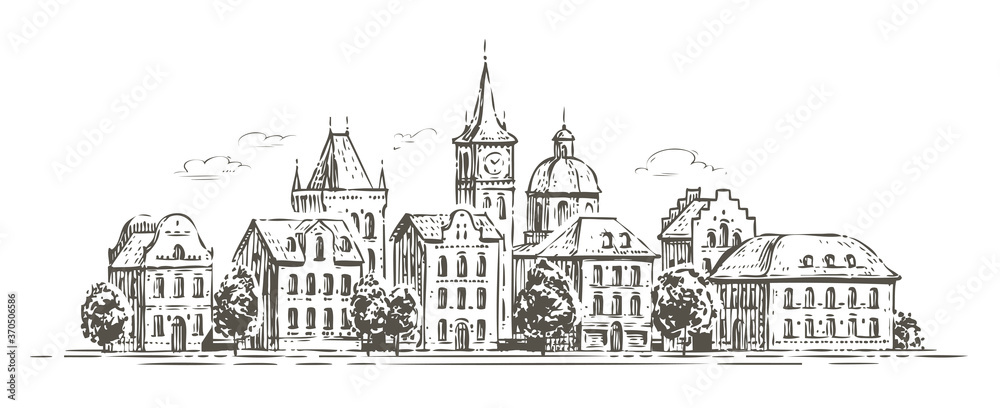 City view with historic buildings. Town sketch vector illustration