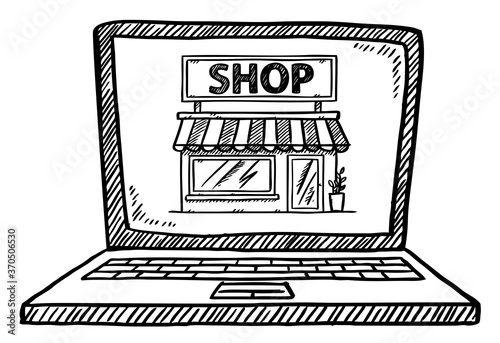 Cartoon style doodle of online shop on laptop screen. Hand drawn doodle vector illustration.