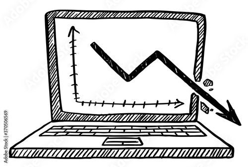 Doodle of notebook with data graph falling out of the monitor. 
Hand drawn doodle vector illustration.