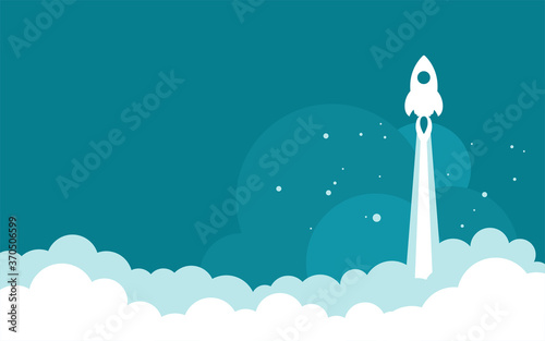 Rocket ship with space, sky clouds and stars on blue background.