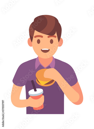 Man eating fast food. Male character with hamburger and soda drink, lunch time with unhealthy snack promotion cafe and restaurant, flat vector isolated trendy illustration