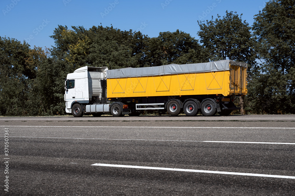 truck on the road, side view, empty space on a yellow container - concept of cargo transportation, trucking industry