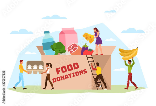 Food donation. Tiny volunteer characters filling cardboard box with various products for poor people, support social care, community helping homeless vector concept