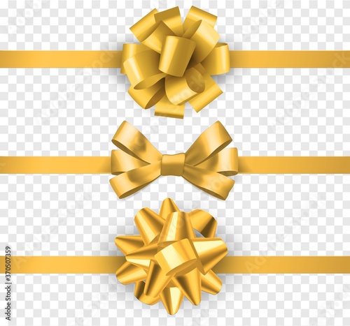 Gold gift bows with ribbons. Realistic horizontal silk yellow ribbon with decorative bow, festive elements decor, gift satin luxury tape vector isolated set
