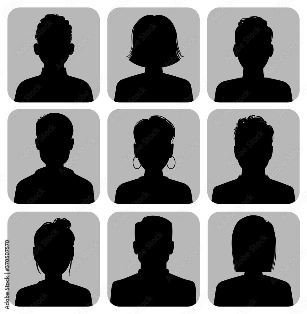 Silhouette heads. Male and female head silhouettes internet avatar, black icons gray square background, woman and man social media anonymous portrait, flat vector collection
