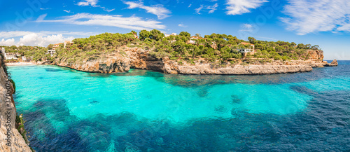 Island coast scenery panorama of beach bay Cala Santanyi on Majorca, Spain,