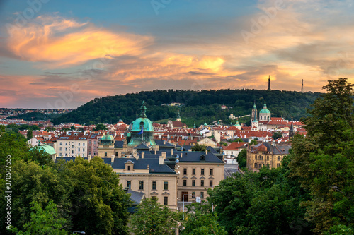 Panorama of Prague, the capital of the Czech Republic in the light of the setting sun