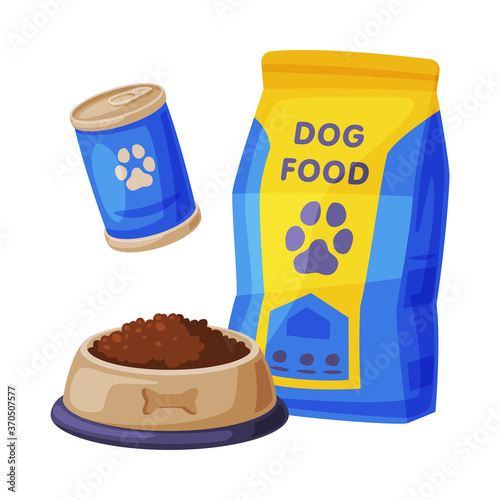 Dog Food Set, Pet Animal Dried, Canned Food Packaging and Bowl Cartoon Style Vector Illustration on White Background