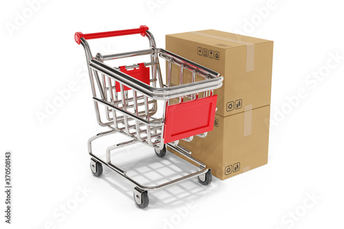 Shopping cart, trolley and two cardboard shipping boxes on white background - 3d illustration