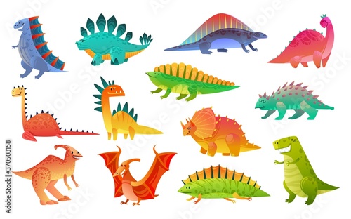 Cute cartoon dinosaur. Funny dinosaurs animal dragon and nature reptile, childish bright prehistoric collection, vector flat cartoon isolated illustration