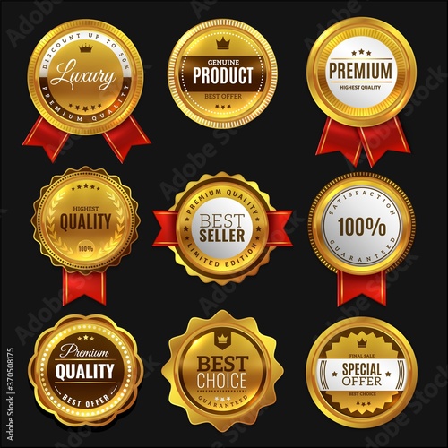 Gold sale badges. Premium golden emblem, luxury genuine and highest quality product badge, best seller offer, round promotion element with ribbon realistic vector set