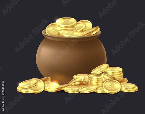 Pot of gold coins. Ceramic cauldron full of shiny golden coin, medieval mystery treasures for game cartoon vector isolated illustration
