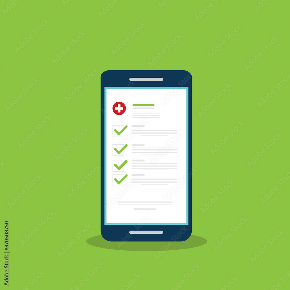 Medical prescription online or digital medicine test results with approved check mark form on mobile phone, cellphone with clinic checklist, flat cartoon modern vector illustration. Medical prescription online or digital medicine test results with approved check mark form on mobile phone, cellphone with clinic checklist, flat cartoon modern vector illustration.