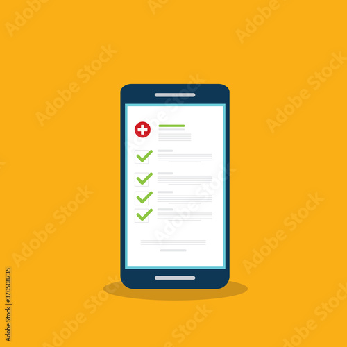 Medical prescription online or digital medicine test results with approved check mark form on mobile phone, cellphone with clinic checklist, flat cartoon modern vector illustration.
