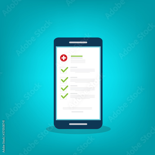 Medical prescription online or digital medicine test results with approved check mark form on mobile phone, cellphone with clinic checklist, flat cartoon modern vector illustration.