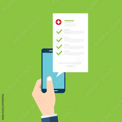 Medical prescription online or digital medicine test results with approved check mark form on mobile phone, cellphone with clinic checklist, flat cartoon modern vector illustration.