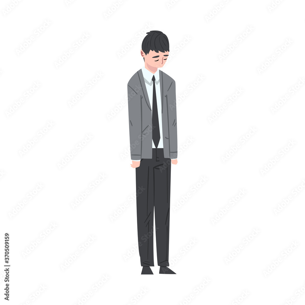 Stressed Businessman Standing with his Head Bowed, Depressed Unhappy Male Office Worker Character in Suit, Tired or Exhausted Manager Vector Illustration Stressed Businessman Standing with his Head Bowed, Depressed Unhappy Male Office Worker Character in Suit, Tired or Exhausted Manager Vector Illustration