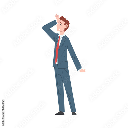 Sad Businessman Standing in Dramatic Pose, Unhappy Male Office Worker Character in Suit, Tired or Exhausted Manager Vector Illustration