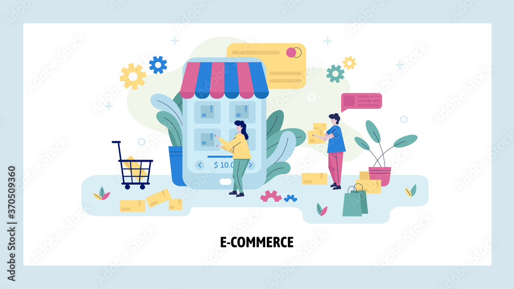 Fototapeta premium Woman buy product online usoing her mobile phone. Ecommerce concept illustration. Online shop. Vector web site design template