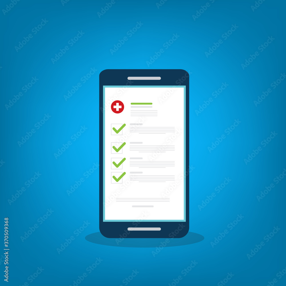 Medical prescription online or digital medicine test results with approved check mark form on mobile phone, cellphone with clinic checklist, flat cartoon modern illustration. Medical prescription online or digital medicine test results with approved check mark form on mobile phone, cellphone with clinic checklist, flat cartoon modern illustration.