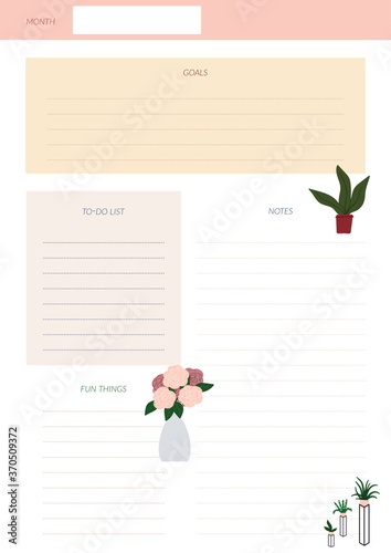 Monthly planneer sheet template with cartoon flat indoor plants.