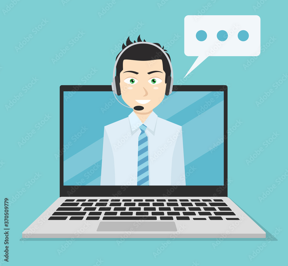 Smiling customer service man on notebook screen. Smiling customer service man on notebook screen.