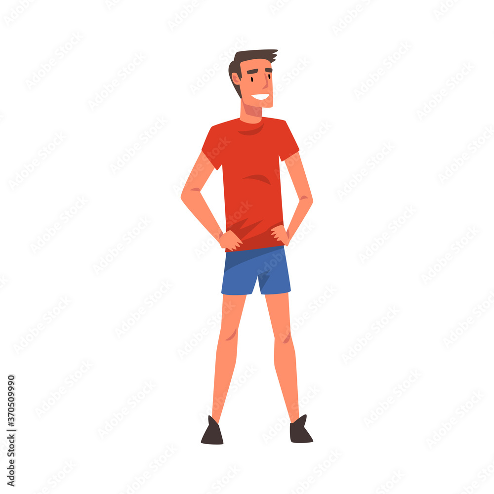 Smiling Male Tourist Wearing Shorts and Red T Shirt, African Safari Travel, Cartoon Vector Illustration on White Background Smiling Male Tourist Wearing Shorts and Red T Shirt, African Safari Travel, Cartoon Vector Illustration on White Background