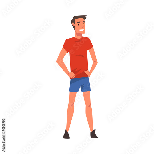 Smiling Male Tourist Wearing Shorts and Red T Shirt, African Safari Travel, Cartoon Vector Illustration on White Background © topvectors