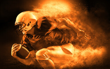 American football sportsman player with ball in action on stadium under lights of background. Sport, proud footballer in white helmet and red t-shirt ready to play.
