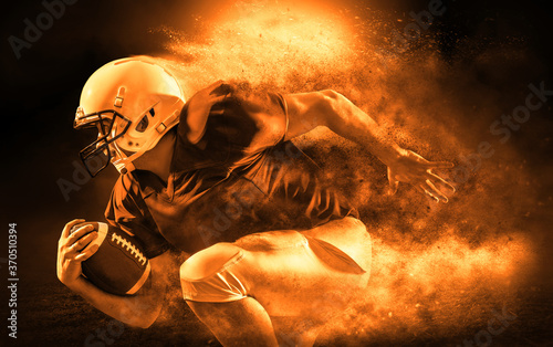 American football sportsman player with ball in action on stadium under lights of background. Sport, proud footballer in white helmet and red t-shirt ready to play.
 photo