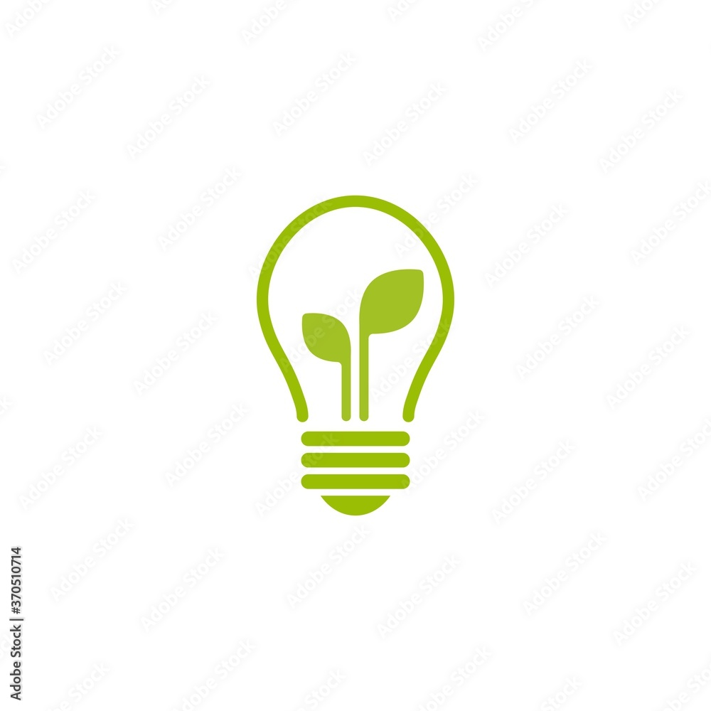 Green shining electric light bulb with green leaf. Isolated on White. Flat outline icon